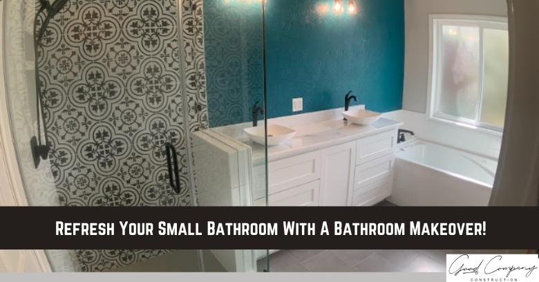 Modern small bathroom with a patterned tile shower, dual sinks, teal accent wall, and large window, promoting a bathroom makeover.
