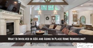 Spacious living room with vaulted ceiling, large sectional sofa, fireplace, TV, and visible entryway; text overlay about ADA and aging in place home remodeling.