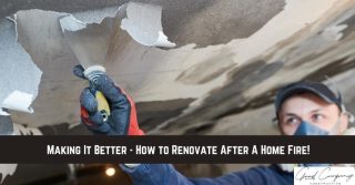 A person wearing a mask uses a metal scraper to remove damaged paint from a ceiling, repairing fire damage in a home.