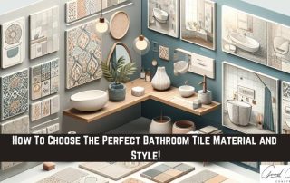 A bathroom showroom displays various tile samples in different colors, materials, and patterns on the walls above a modern sink and vanity setup.
