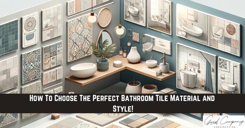 A bathroom showroom displays various tile samples in different colors, materials, and patterns on the walls above a modern sink and vanity setup.