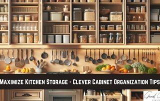 A well-organized kitchen with neatly arranged shelves, hanging utensils, jars, and fresh produce, displaying tips for maximizing kitchen cabinet storage.