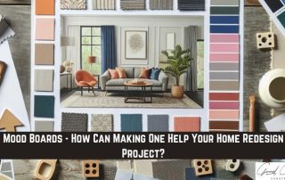 A mood board for home redesign features fabric swatches, paint samples, wood finishes, and a living room photo with neutral and blue tones. Banner text asks about mood boards aiding redesign projects.