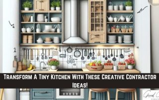 Modern small kitchen with open shelves, hanging utensils, and organized storage. Text overlay reads: Transform A Tiny Kitchen With These Creative Contractor Ideas!.