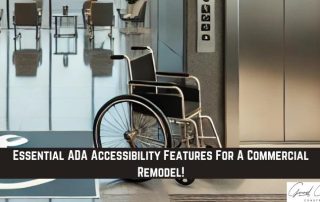 A wheelchair sits near an elevator in a modern commercial building, highlighting accessibility features for ADA compliance.