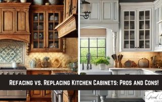Side-by-side comparison of two kitchens: one with dark wood cabinets, the other with white cabinets. Text reads, Refacing vs. Replacing Kitchen Cabinets: Pros and Cons!.